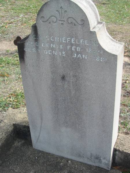 C.F. SCHIEFELBEIN, born 13 Feb 1825, died 13 Jan 1881;  | Lowood Trinity Lutheran Cemetery (Bethel Section), Esk Shire  | 