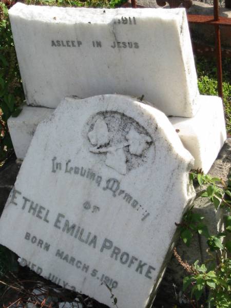 Ethel Emilia PROFKE, born 5 Mar 1910 died July 1911;  | Lowood Trinity Lutheran Cemetery (Bethel Section), Esk Shire  | 
