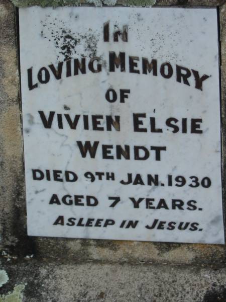 Vivien Elsie WENDT, died 9 Jan 1930 aged 7 years;  | Lowood Trinity Lutheran Cemetery (Bethel Section), Esk Shire  | 