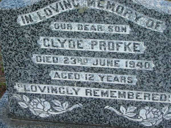 Clyde PROFKE, died 23 June 1940 aged 12 years, son;  | Lowood Trinity Lutheran Cemetery (Bethel Section), Esk Shire  | 