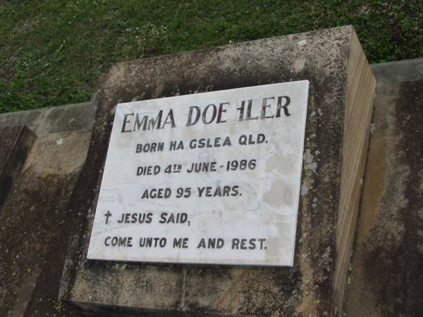 Emma DOEHLER, born Haislea QLD, died 4 June 1986 aged 95 years;  | Lowood Trinity Lutheran Cemetery (Bethel Section), Esk Shire  | 