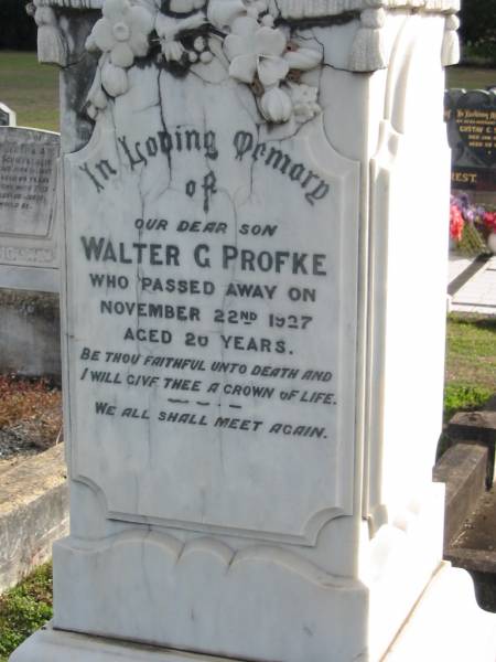 Walter G. PROFKE, died 22 Nov 1927 aged 20 years, son;  | Lowood Trinity Lutheran Cemetery (Bethel Section), Esk Shire  | 