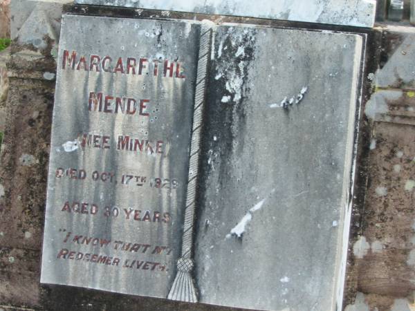 Margarethe MENDE (nee MINKE), died 17 Oct 1929 aged 30 years;  | Lowood Trinity Lutheran Cemetery (Bethel Section), Esk Shire  | 