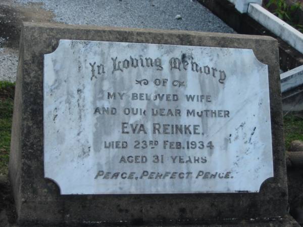 Eva REINKE, died 23 Feb 1934 aged 31 years, wife mother;  | Lowood Trinity Lutheran Cemetery (Bethel Section), Esk Shire  | 