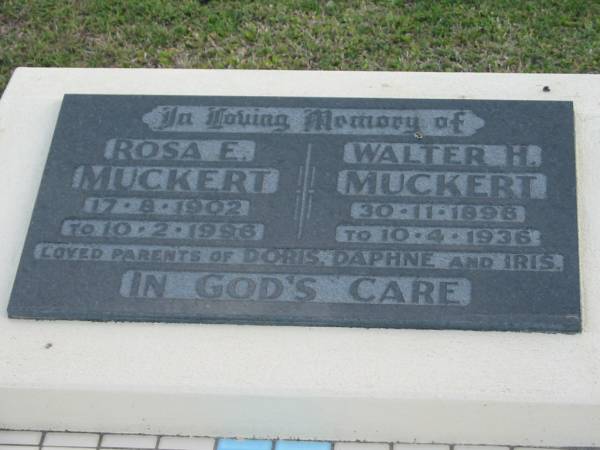 Rosa E. MUCKERT, 17-8-1902 - 10-2-1996;  | Walter H. MUCKERT, 30-11-1896 - 10-4-1936;  | parents of Doris, Daphne, Iris;  | Lowood Trinity Lutheran Cemetery (Bethel Section), Esk Shire  | 