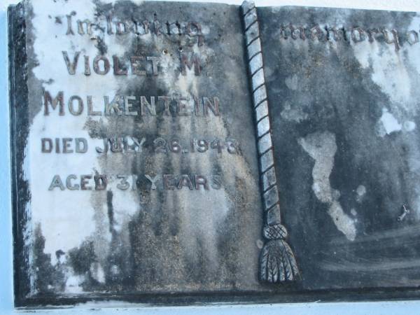 Violet M. MOLKENTEIN, died 26 July 1943 aged 31 years;  | Lowood Trinity Lutheran Cemetery (Bethel Section), Esk Shire  | 