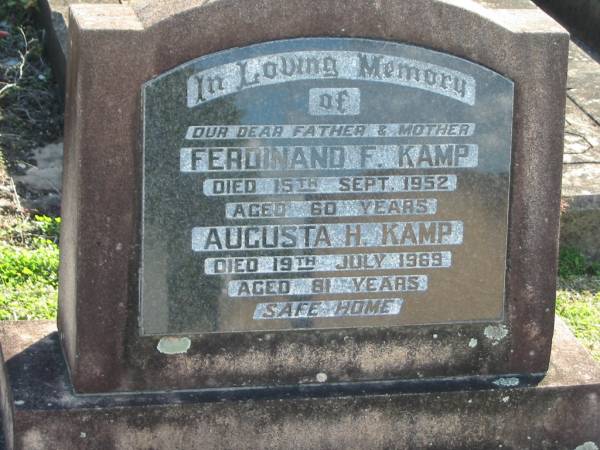 Ferdinand F. KAMP, died 15 Sept 1952 aged 60 years, father;  | Augusta H. KAMP, died 19 July 1969 aged 81 years;  | Lowood Trinity Lutheran Cemetery (Bethel Section), Esk Shire  | 
