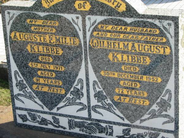 Auguste Emilie KLIBBE, died 5 July 1971 aged 91 years, mother;  | Wilhelm August KLIBBE, died 30 Dec 1952, aged 72 years, husband father;  | Lowood Trinity Lutheran Cemetery (Bethel Section), Esk Shire  | 