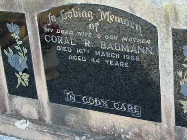 Coral R. BAUMANN, died 16 Mar 1968 aged 44 years, wife mother;  | Lowood Trinity Lutheran Cemetery (Bethel Section), Esk Shire  | 