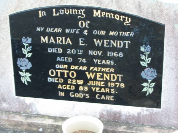 Maria E. WENDT, died 20 Nov 1968 aged 74 years, wife mother;  | Otto WENDT, died 22 June 1978 aged 85 years, father;  | Lowood Trinity Lutheran Cemetery (Bethel Section), Esk Shire  | 