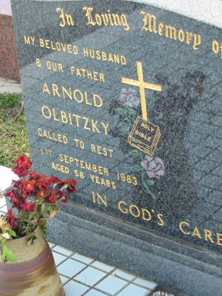 Arnold OLBITZKY, died 1 Sept 1983 aged 58 years, husband father;  | Lowood Trinity Lutheran Cemetery (Bethel Section), Esk Shire  | 