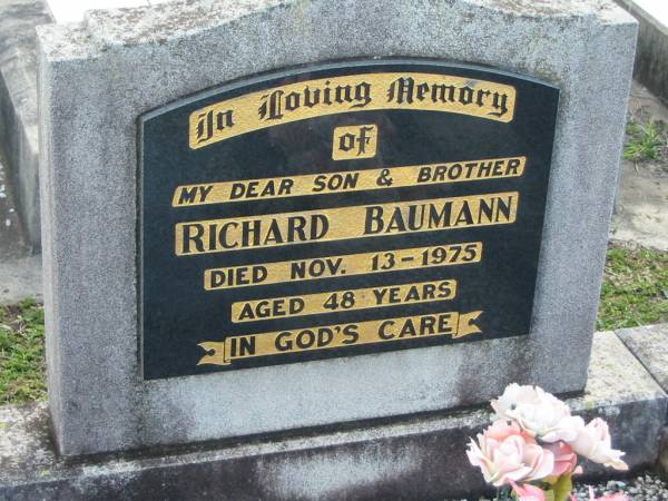 Richard BAUMANN, died 13 Nov 1975 aged 48 years, son brother;  | Lowood Trinity Lutheran Cemetery (Bethel Section), Esk Shire  | 