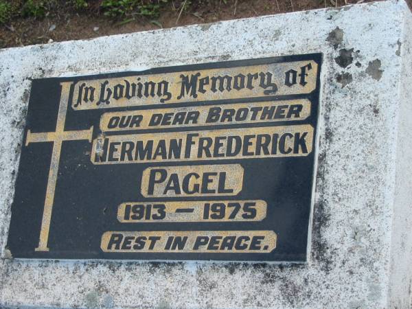 Herman Frederick PAGEL, 1913-1975, brother;  | Lowood Trinity Lutheran Cemetery (Bethel Section), Esk Shire  | 