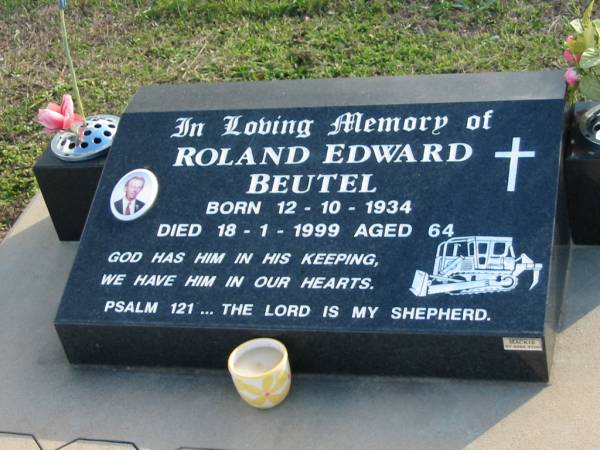 Roland Edward BEUTEL, born 12-10-1934 died 18-1-1999 aged 64;  | Lowood Trinity Lutheran Cemetery (Bethel Section), Esk Shire  | 