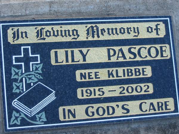 Lily PASCOE nee KLIBBE, 1915-2002;  | Lowood Trinity Lutheran Cemetery (Bethel Section), Esk Shire  | 