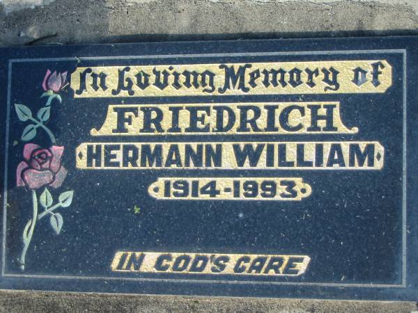 FRIEDRICH;  | Hermann William, 1914-1993;  | Lowood Trinity Lutheran Cemetery (Bethel Section), Esk Shire  | 