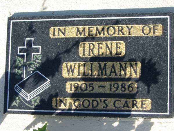 Irene WILLMAN, 1905-1986;  | Lowood Trinity Lutheran Cemetery (Bethel Section), Esk Shire  | 
