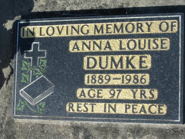 Anna Louise DUMKE, 1889-1986 age 97 years;  | Lowood Trinity Lutheran Cemetery (Bethel Section), Esk Shire  | 