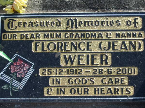 Florence (Jean) WEIER, 25-12-1912 - 28-6-2001, mum grandma nanna;  | Lowood Trinity Lutheran Cemetery (Bethel Section), Esk Shire  | 