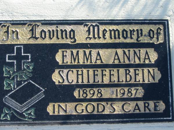 Emma Anna SCHIEFELBEIN, 1898-1987;  | Lowood Trinity Lutheran Cemetery (Bethel Section), Esk Shire  | 
