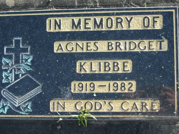 Agnes Bridget KLIBBE, 1919-1982;  | Lowood Trinity Lutheran Cemetery (Bethel Section), Esk Shire  | 