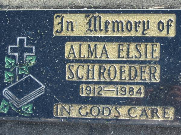 Alma Elsie SCHROEDER, 1912-1984;  | Lowood Trinity Lutheran Cemetery (Bethel Section), Esk Shire  | 
