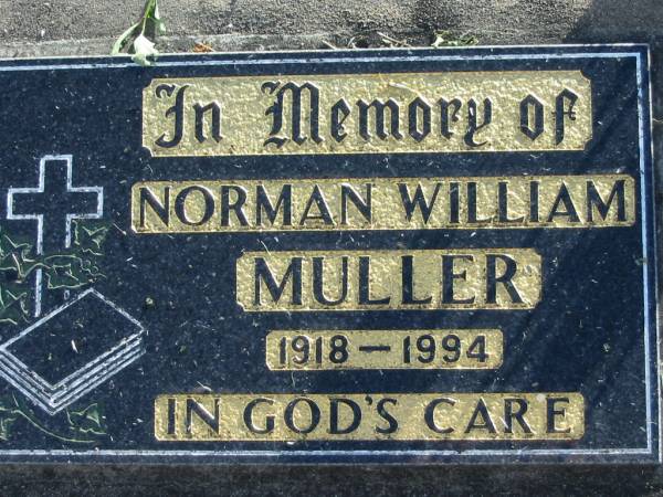 Norman William MULLER, 1918-1994;  | Lowood Trinity Lutheran Cemetery (Bethel Section), Esk Shire  | 