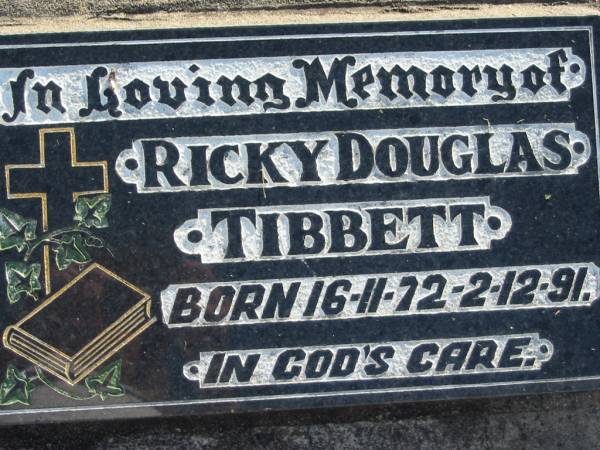 Ricky Doublas TIBBETT, born 16-11-72 - 2-12-91;  | Lowood Trinity Lutheran Cemetery (Bethel Section), Esk Shire  | 