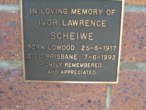 Ivor Lawrence SCHEIWE, born Lowood 25-8-1917 died Brisbane 7-6-1992;  | Lowood Trinity Lutheran Cemetery (Bethel Section), Esk Shire  | 