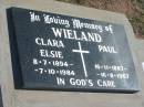 WIELAND; Clara Elsie, 8-7-1894 - 7-10-1984; Paul, 16-11-1887 - 16-8-1967; Lowood Trinity Lutheran Cemetery (St Mark's Section), Esk Shire 