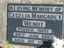 Cecelia Margaret WENDT, died 28 June 1985 aged 80 years; Lowood Trinity Lutheran Cemetery (St Mark's Section), Esk Shire 