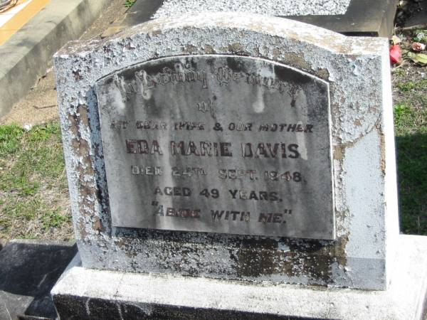 Eda Marie DAVIS< died 24 Sept 1948 aged 49 years, wife mother;  | Lowood Trinity Lutheran Cemetery (St Mark's Section), Esk Shire  | 