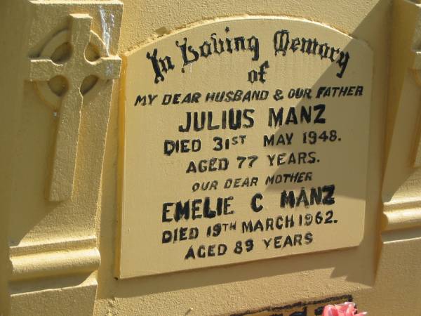 Julius MANZ, died 31 May 1948 aged 77 years, husband father;  | Emelie C. MANZ, died 19 March 1962 aged 89 years, mother;  | Lowood Trinity Lutheran Cemetery (St Mark's Section), Esk Shire  | 