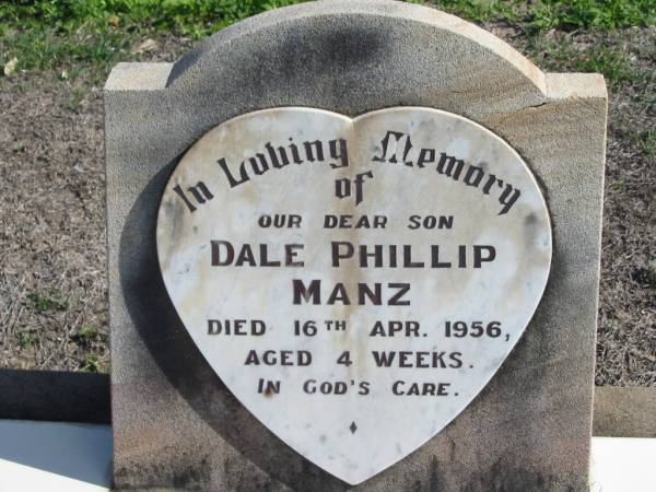 Dale Phillip MANZ, died 16 Apr 1956 aged 4 weeks, son;  | Lowood Trinity Lutheran Cemetery (St Mark's Section), Esk Shire  | 