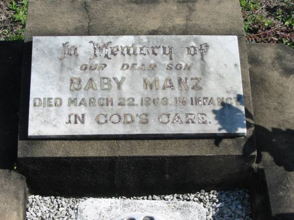 Baby MANZ, died 22 Mary 1966 in infancy, son;  | Lowood Trinity Lutheran Cemetery (St Mark's Section), Esk Shire  | 