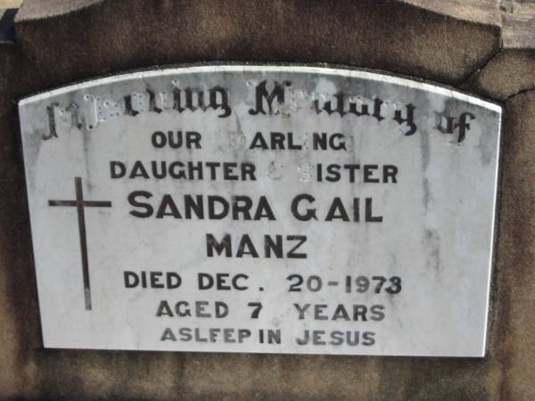 Sandra Gail MANZ, died 20 Dec 1973 aged 7 years, daughter sister;  | Lowood Trinity Lutheran Cemetery (St Mark's Section), Esk Shire  | 