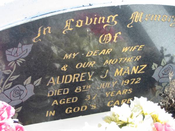 Audrey J. MANZ, died 8 July 1972 aged 37 years, wife mother;  | Lowood Trinity Lutheran Cemetery (St Mark's Section), Esk Shire  | 