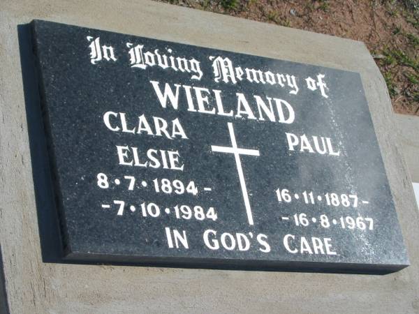 WIELAND;  | Clara Elsie, 8-7-1894 - 7-10-1984;  | Paul, 16-11-1887 - 16-8-1967;  | Lowood Trinity Lutheran Cemetery (St Mark's Section), Esk Shire  | 