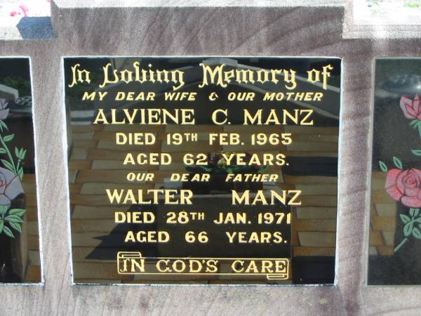 Alviene C. MANZ, died 19 Feb 1965 aged 62 years, wife mother;  | Walter MANZ, died 28 Jan 1971 aged 66 years, father;  | in memory of Mummy, Hazel & Mervyn;  | Lowood Trinity Lutheran Cemetery (St Mark's Section), Esk Shire  | 