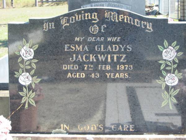 Esma Gladys JACKWITZ, died 7 Feb 1973 aged 43 years, wife;  | Lowood Trinity Lutheran Cemetery (St Mark's Section), Esk Shire  | 