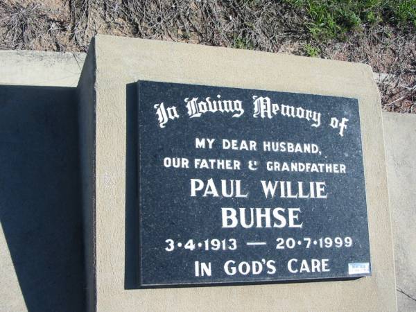 Paul Willie BUHSE, 3-4-1913 - 20-7-1999, husband father grandfather;  | Lowood Trinity Lutheran Cemetery (St Mark's Section), Esk Shire  | 