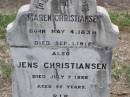 
Maren CHRISTIANSEN,
born 4 May 1838,
died 1 Sept 1916;
Jens CHRISTIANSEN,
died 7 July 1926 aged 85 years;
Ma Ma Creek Anglican Cemetery, Gatton shire
