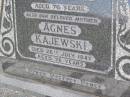 
Ferdinand A. KAJEWSKI, husband father,
died 21 Sept 1939 aged 76 years;
Agnes KAJEWSKI, mother,
died 26 July 1947 aged 76 years;
Ma Ma Creek Anglican Cemetery, Gatton shire

