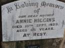 
Annie HIGGINS, mother,
died 10 Sept 1929 aged 65 years;
C. HIGGINS, male,
died 22-8-1927 aged 84 years;
Ma Ma Creek Anglican Cemetery, Gatton shire
