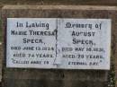 
Marie Theresa SPECK,
died 13 June 1934 aged 74 years;
August SPECK,
died 18 May 1931 aged 79 years;
Ma Ma Creek Anglican Cemetery, Gatton shire
