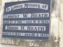 
Ernest W. HEATH,
born 27-2-1901 died 21-9-1938;
Doris H. HEATH,
born 14-2-1933 died 26-6-1935;
Ma Ma Creek Anglican Cemetery, Gatton shire
