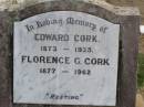 
Edward CORK, 1873 - 1935;
Florence G. CORK, 1877 - 1962;
Ma Ma Creek Anglican Cemetery, Gatton shire
