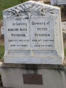 
Adeline Alice PETERSEN,
died 15 Nov 1933 aged 54 years;
Peter PETERSEN,
died 8 Jan 1969 aged 94 years;
Andrew Robert BELL, son,
died 9-11-1973 aged 3 months;
Ma Ma Creek Anglican Cemetery, Gatton shire
