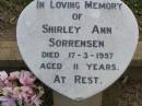 
Ronald R. SORRENSEN,
died 4 Dec 1937;
Shirley Ann SORRENSEN,
died 17-3-1957 aged 11 years;
Doreen M. SORRENSEN,
died 3 Nov 1938;
Ma Ma Creek Anglican Cemetery, Gatton shire
