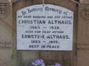 
Christian ALTHAUS, husband father,
1863 - 1938;
Ernstine ALTHAUS, mother,
1865 - 1956;
Ma Ma Creek Anglican Cemetery, Gatton shire
